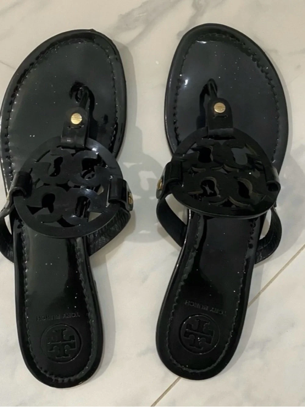 Tory Burch Black Patent Logo Thong Sandals